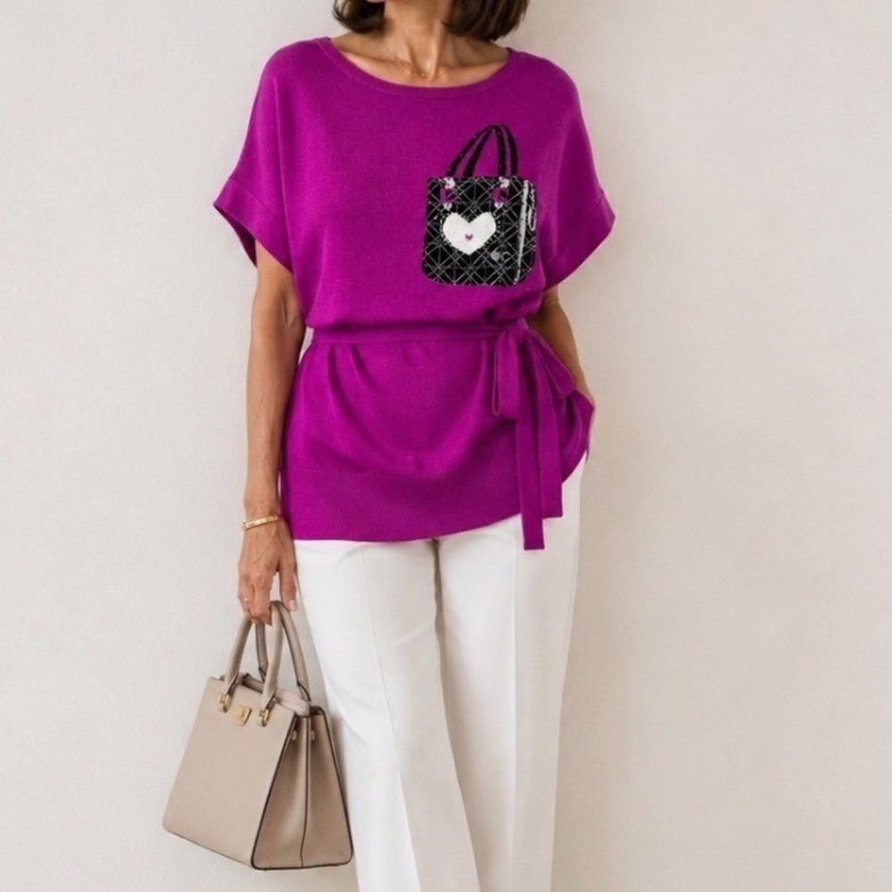 Pierre Cardin Paris Pink Wool Cashmere Knit Tunic Top Handbag Graphic NWT Sz 10